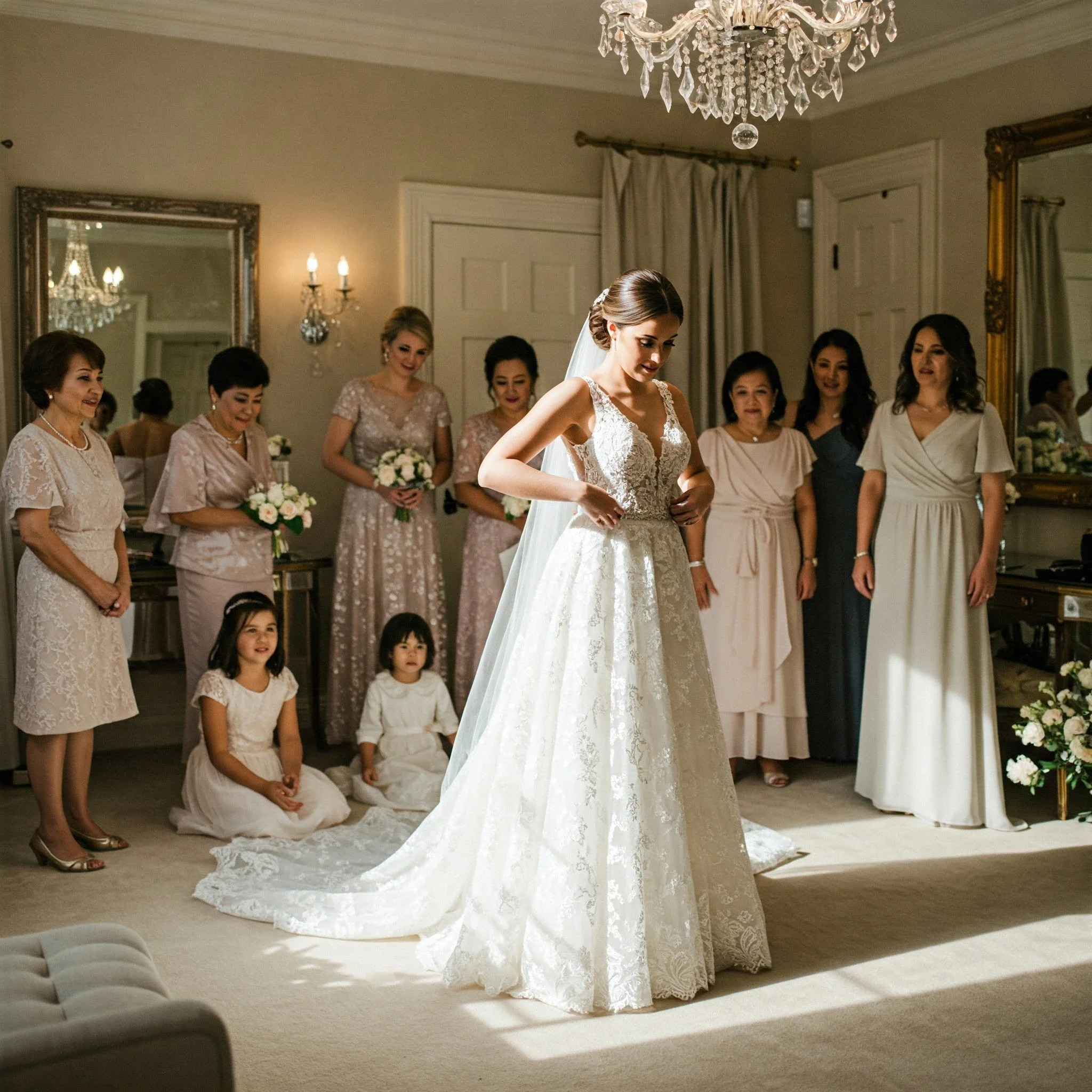 Bride standing in a bridal suite surrounded by bridesmaids and flower girls, wearing a lace wedding gown and preparing for the ceremony. Elegant room with mirrors and chandeliers.