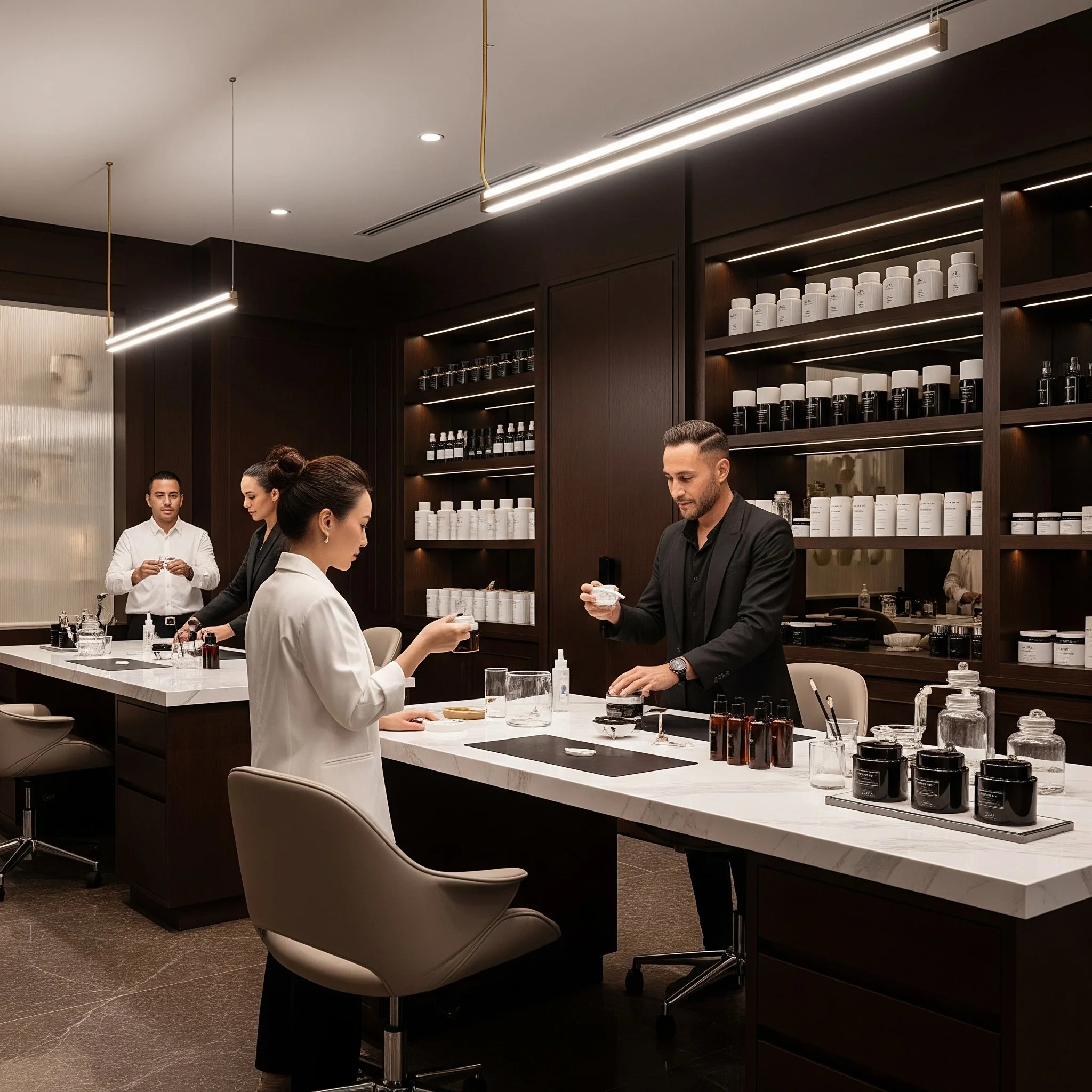 A team of professionals working in a modern, sleek cosmetic or skincare laboratory with dark wood cabinetry and white marble countertops, handling various bottles and containers.