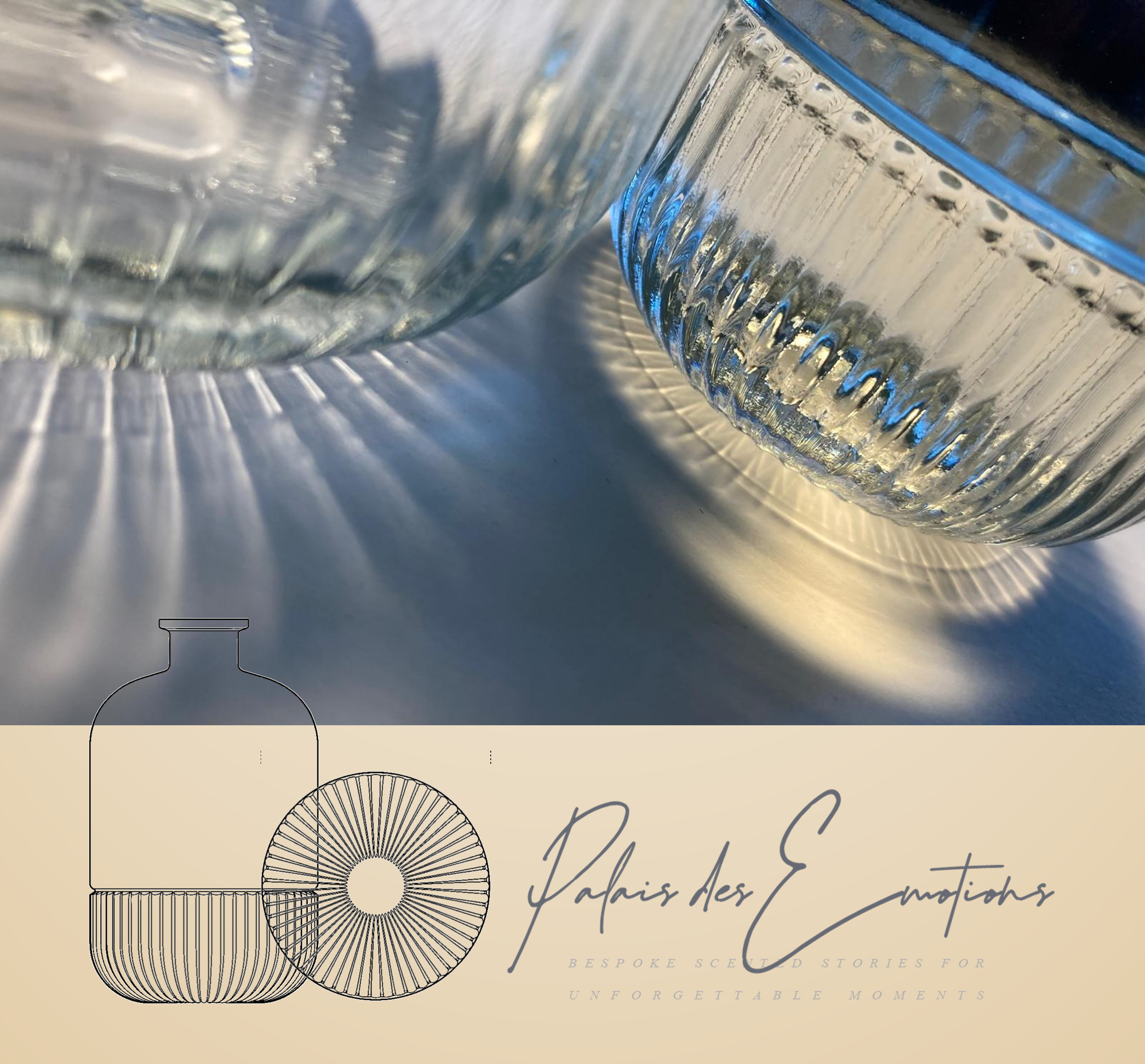 Close-up of two glass bottles with textured surfaces, casting shadow patterns on a surface below. The bottles are labeled with a logo and text for Palais des Emotions, with a minimalist sketch of bottle outlines.