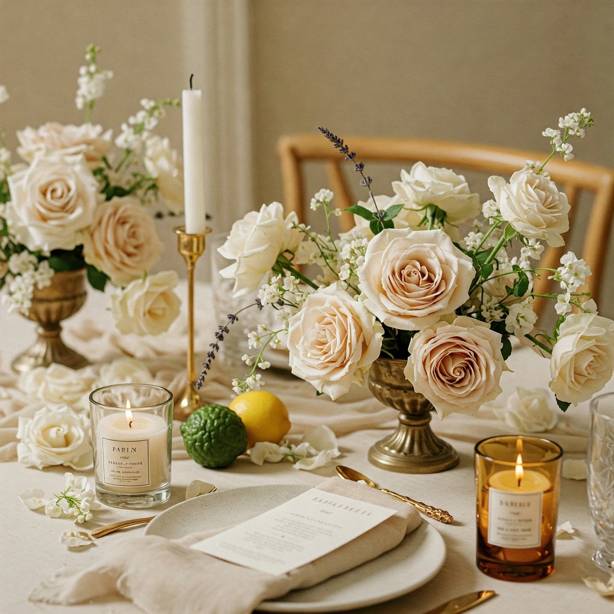 Elegant table setting with ivory roses in gold vases, lit candles, menu, and fruit centerpiece, featuring lemons and decorative greenery.