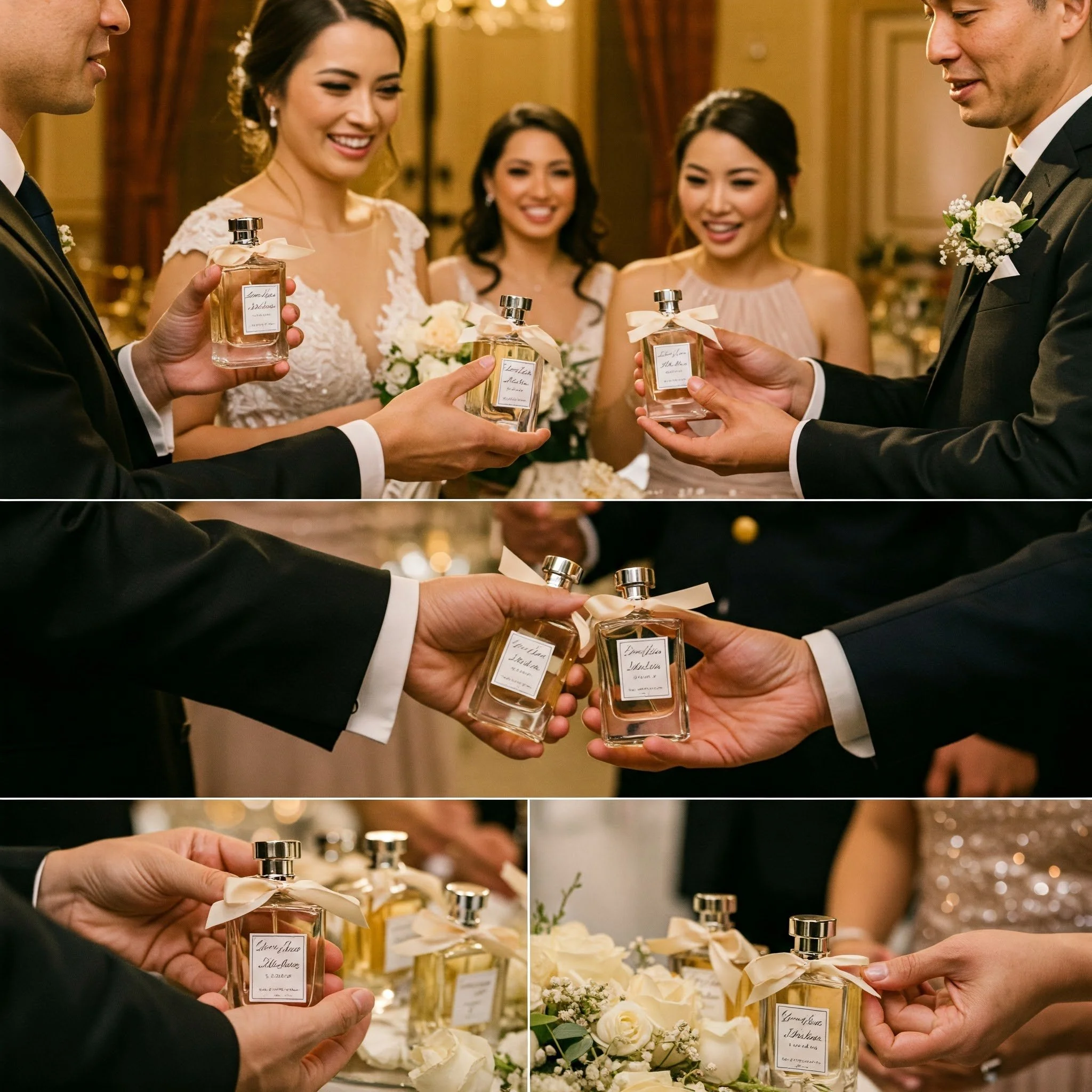 A group of people dressed in formal attire exchanging elegant perfume bottles, with a focus on the bottles and white flowers in the background.
