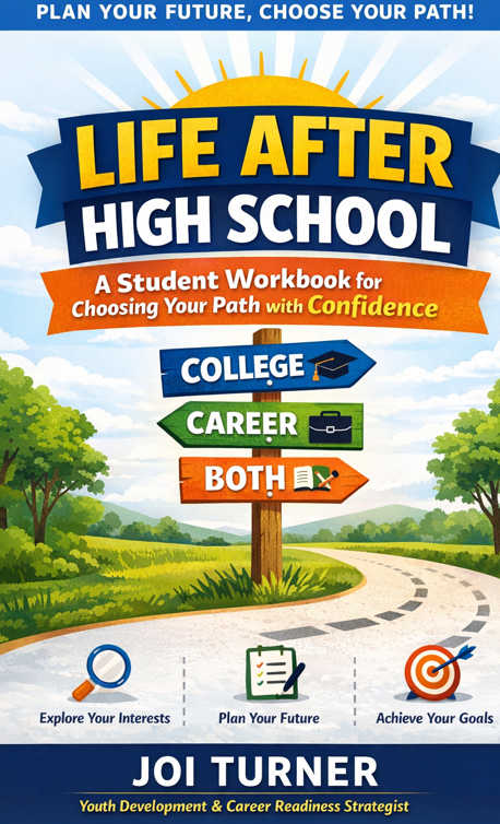 Cover of a guide titled "Life After High School" with a background of a sunny sky, trees, and a winding road. Features a sign pointing to college, career, and both, encouraging confidence and planning for the future.