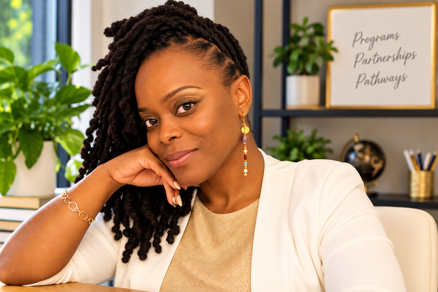 A woman with dark curly hair and earrings, wearing a cream blazer, sitting at a desk in an office with plants and a whiteboard in the background.