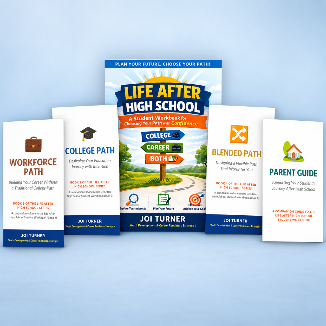 Four books about planning a future after high school, including career, college, blended paths, and parental guidance, with a central book titled 'Life After High School' and colorful signs indicating different paths.