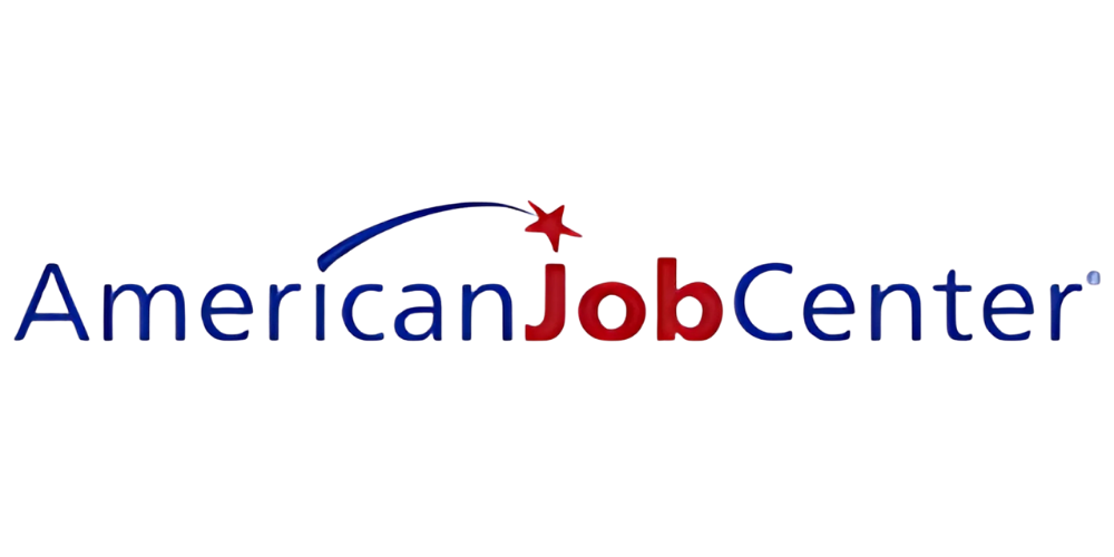 Colorful logo of American Job Center with a red, white, and green stripe and a silhouette of a person reaching upward.