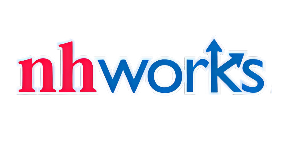 Logo with the text 'nh works', with the 'n' and 'h' in red and the letters 'works' in blue, with up and right arrows forming part of the letter 'k' in 'works'.