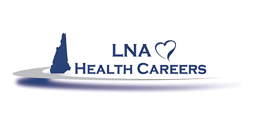 Logo with a silhouette of the state of New Hampshire, a heart, and the text 'LNA Health Careers' in dark blue.