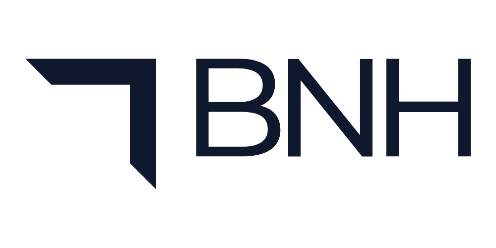 Logo with stylized abstract shape and the letters 'BNH'