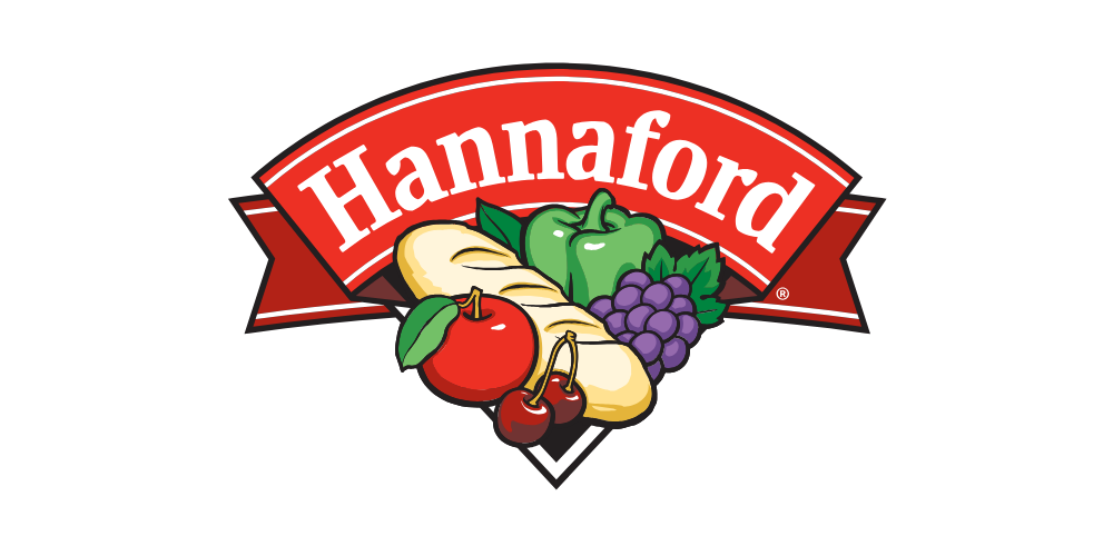 Hannaford grocery store logo featuring various fruits and vegetables, including an apple, grapes, a green bell pepper, and a banana.
