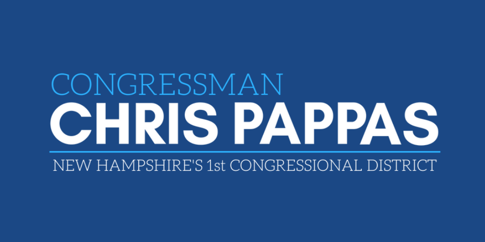 Graphic campaign sign for Congressman Chris Pappas in New Hampshire's 1st Congressional District, with a blue background and white text.
