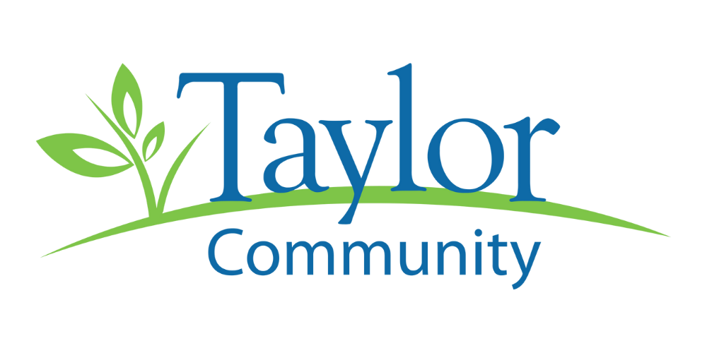 Logo for Taylor Community featuring a green plant with two leaves and a curved green line under the text.