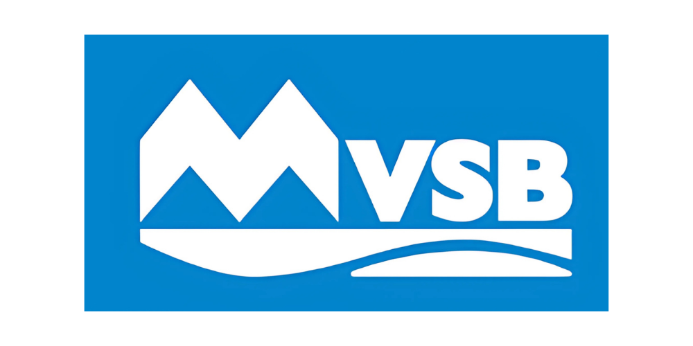 Logo with two stylized mountains, the letters 'MVSB' and a wave underneath on a blue background. Meredith Village Savings Bank