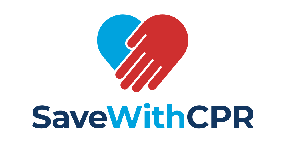 Logo with a blue and red heart combined with two hands and the text "Save With CPR"