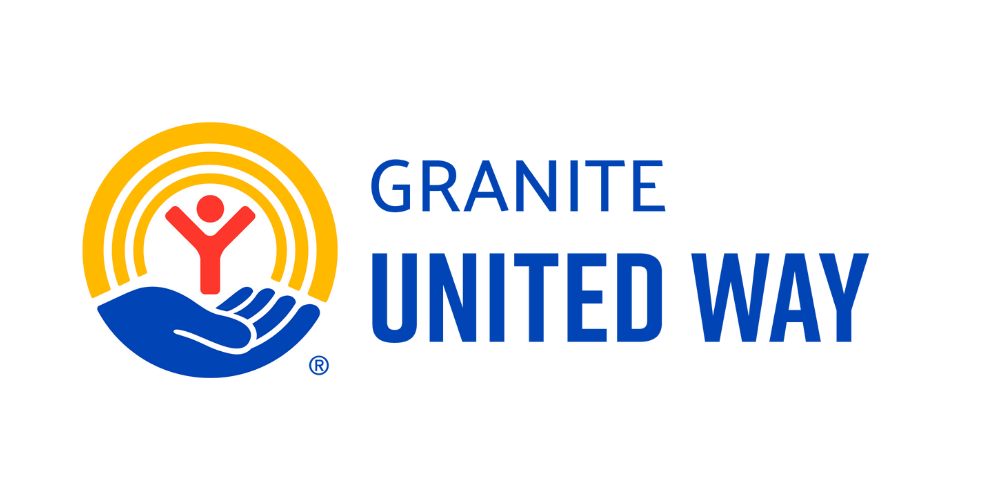 Logo for Granite United Way with a stylized hand holding a person inside concentric circles and the text "Granite United Way" in blue.