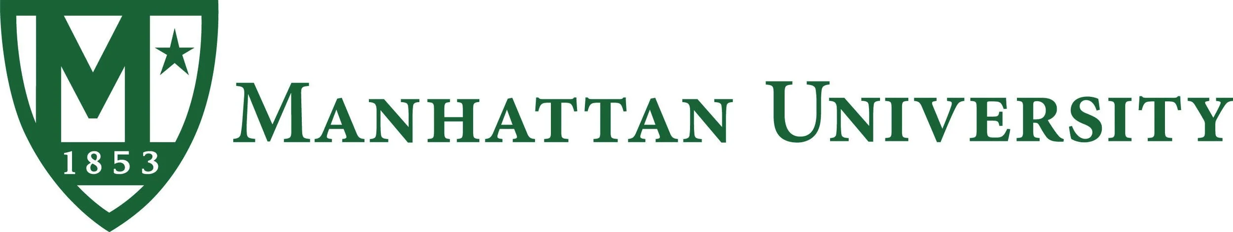 The logo of Manhattan University featuring a shield with the initials MU and the year 1853, followed by the university's name in green text.