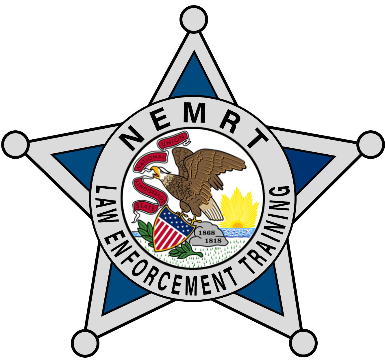 Badge of the Illinois Law Enforcement Training with a star shape, featuring a central circular seal with an eagle, shield, sun, and other symbols, and the text 'NEMRT' and 'LAW ENFORCEMENT TRAINING' around it.