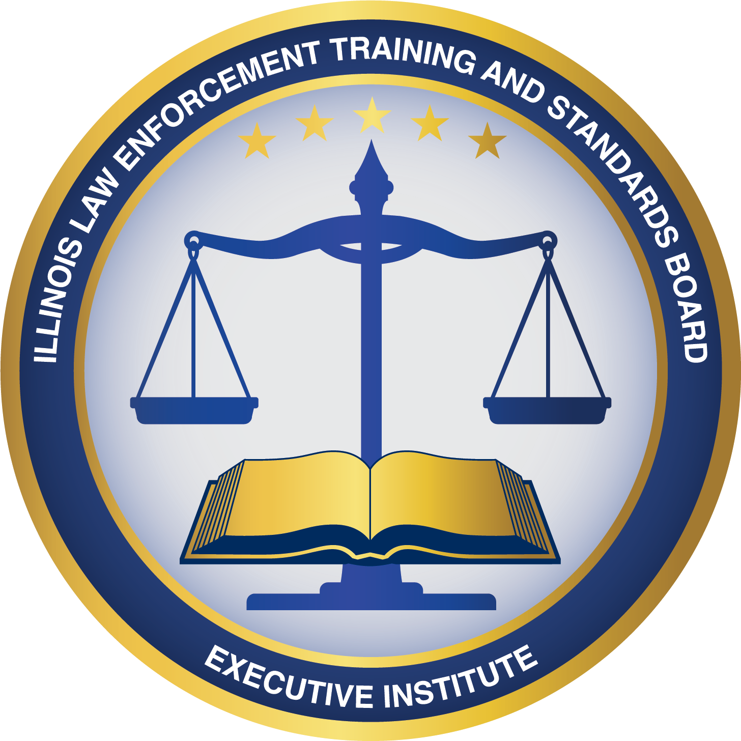 Seal of the Illinois Law Enforcement Training and Standards Board, featuring a shield, scales of justice, a book, and five stars.