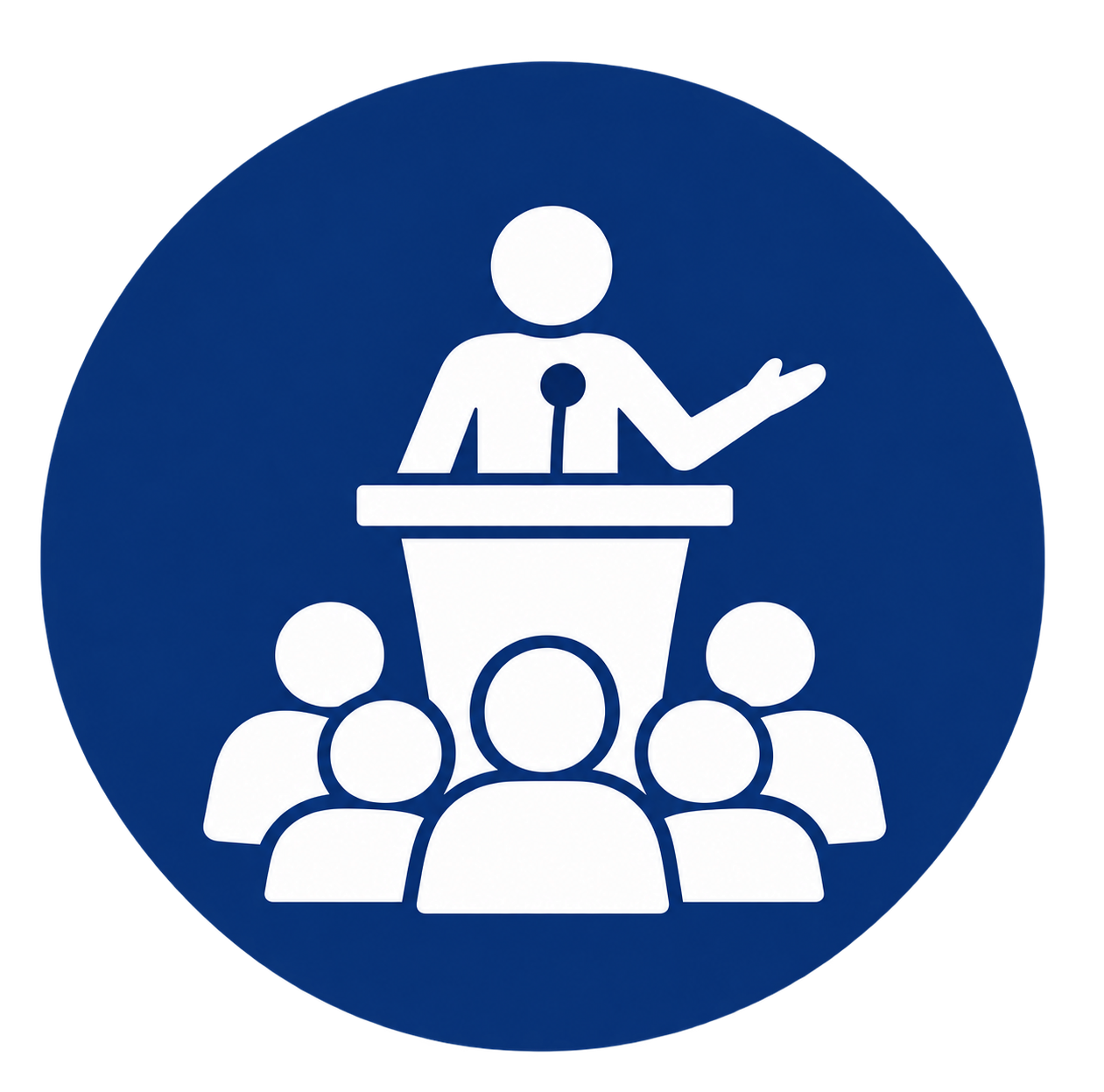 Icon of a person standing at a podium, speaking to an audience of six people.