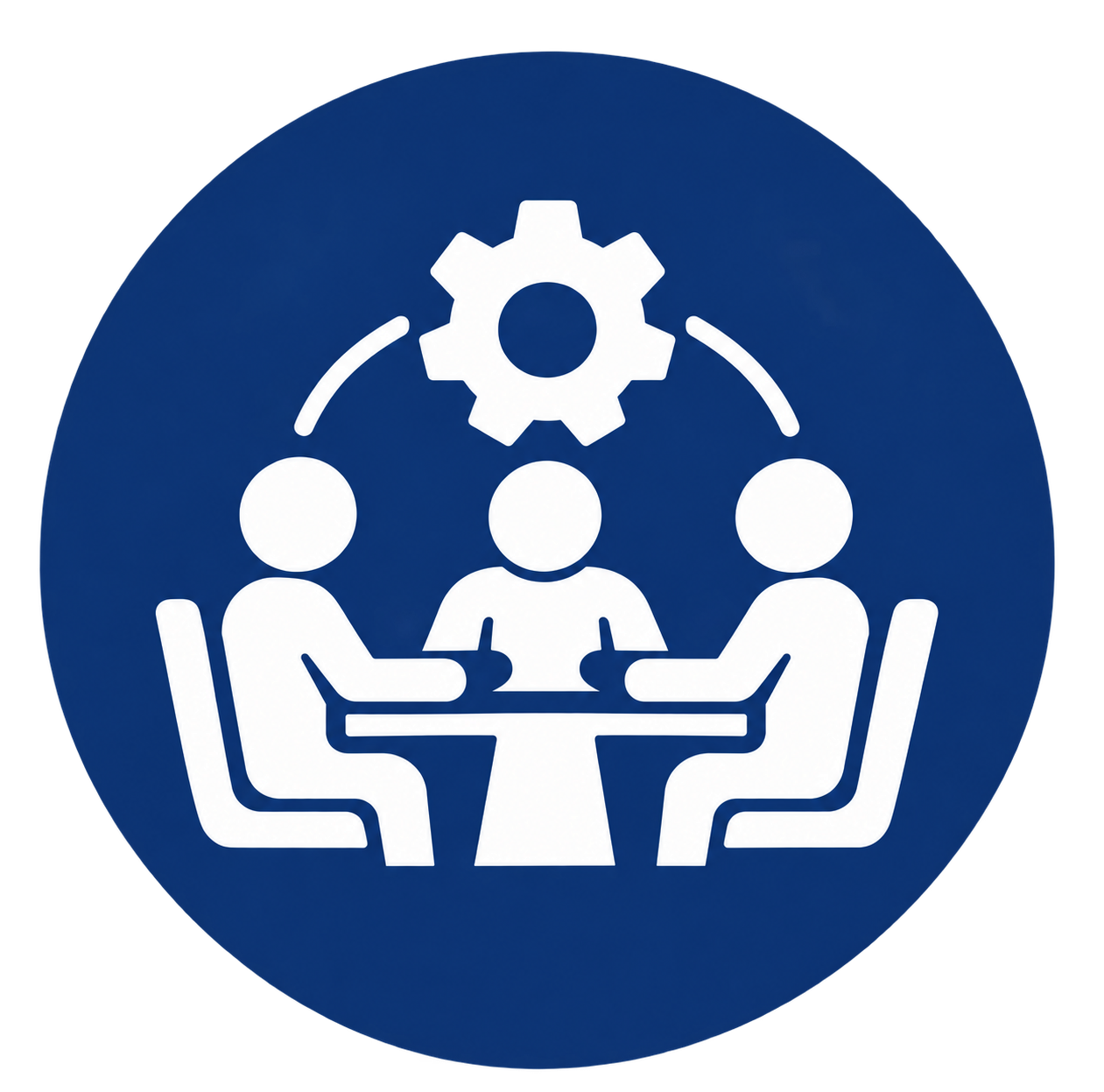 Icon depicting three people sitting around a table, with a gear above them and lines connecting the gear to each person, symbolizing team collaboration or workflow.