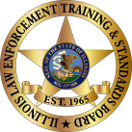 Seal of the Illinois Law Enforcement Training and Standards Board, featuring a blue circular emblem with an eagle in the center, surrounded by gold and black text.
