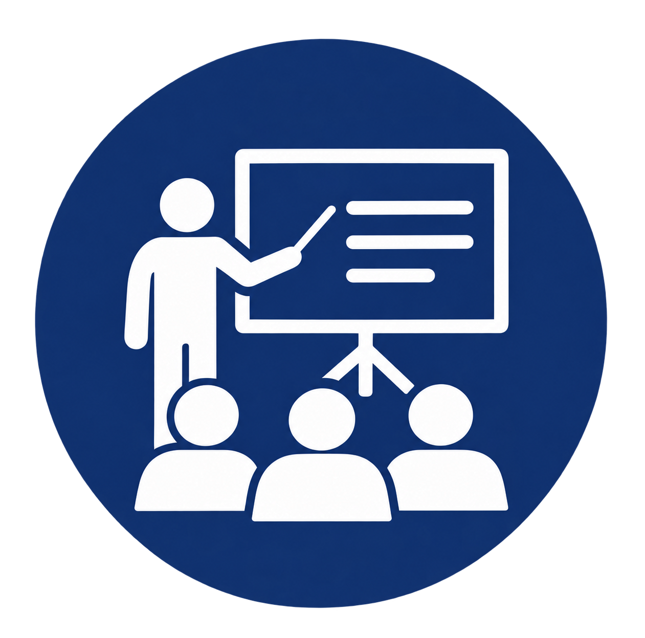 Icon of a person teaching a group of three people in front of a presentation board with lines of text.