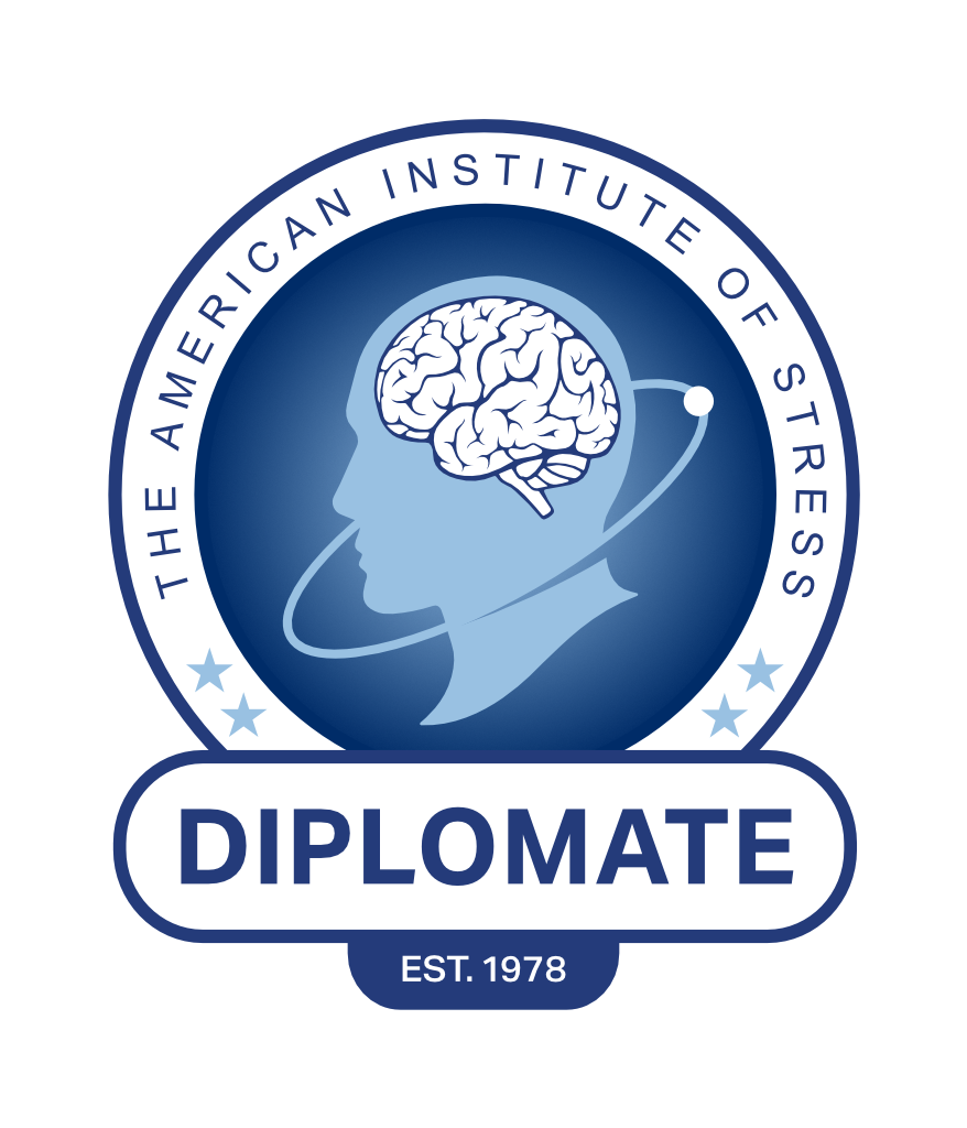 Seal with a blue circle featuring a human profile with a brain illustration and orbiting lines, surrounded by the text "The American Institute of Stress." Below, a white banner with "Diplomate" and "Est. 1978."