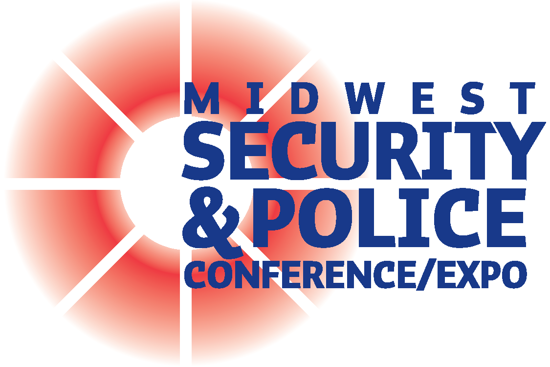 Logos for Midwest Security & Police Conference/Expo with a red radial graphic background and dark blue text.