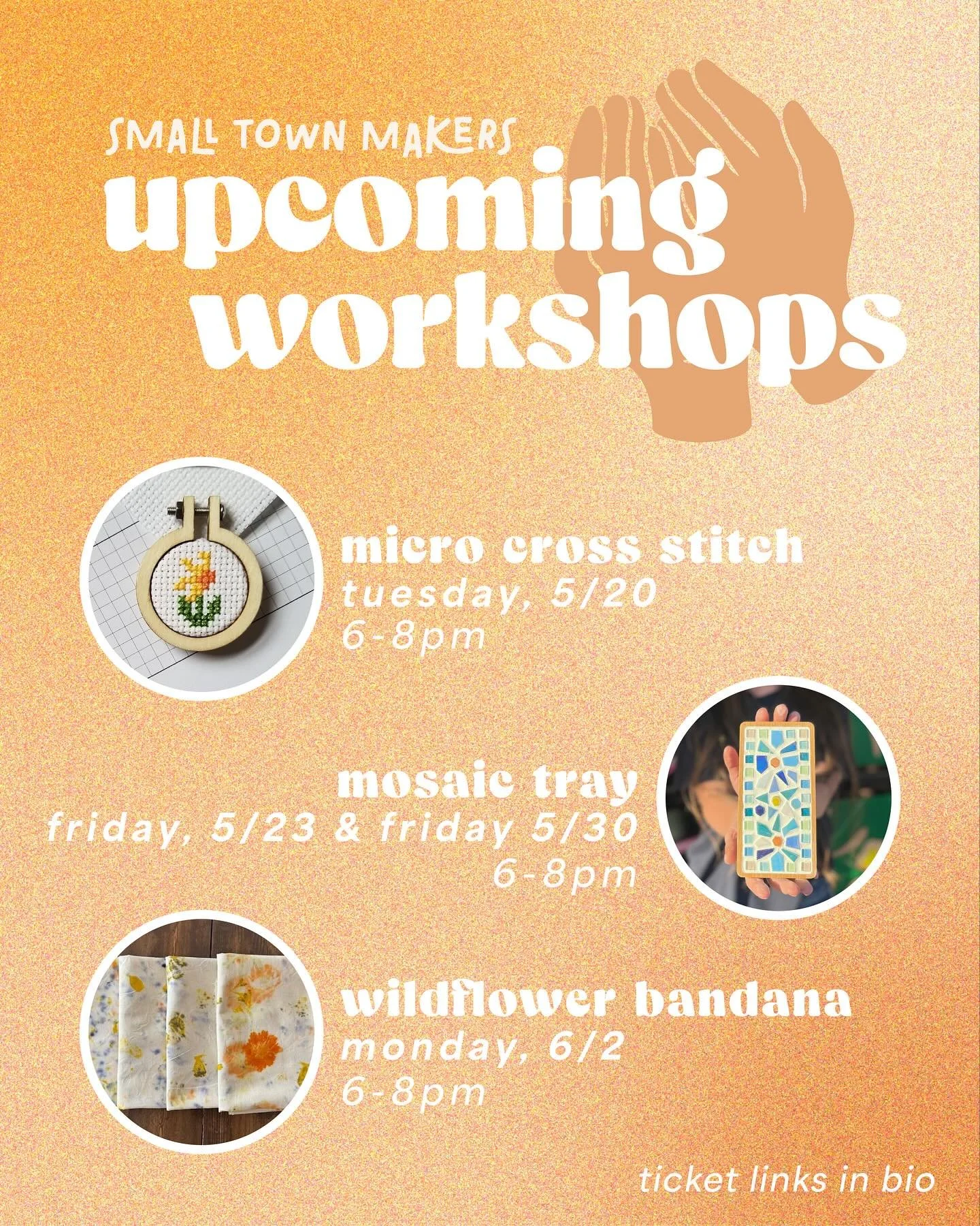 Upcoming adult workshops for the month of May 👇🏻

🧵 Micro Cross Stitch - learn the basics of cross stitch and create your own tiny needlework charm!

🪞 Mosaic Tray - a 2-part class in which you&rsquo;ll craft your own mosaic tray using glass and 