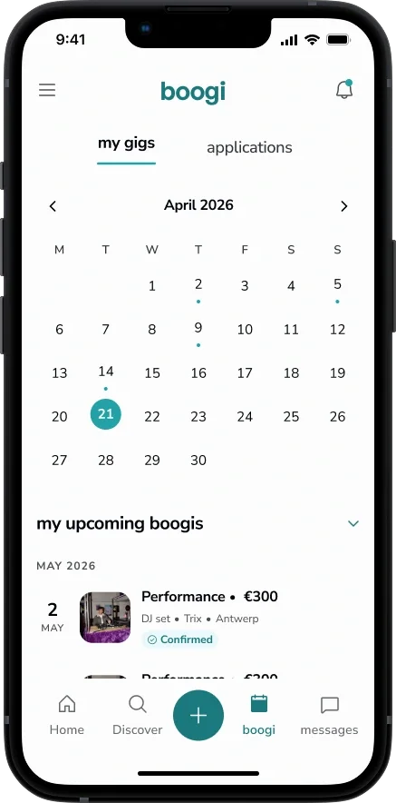 boogi calendar showing April with my gigs and upcoming boogis listed below