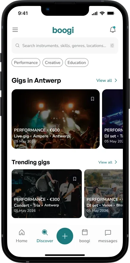 boogi discover screen showing gigs in Antwerp and trending gigs