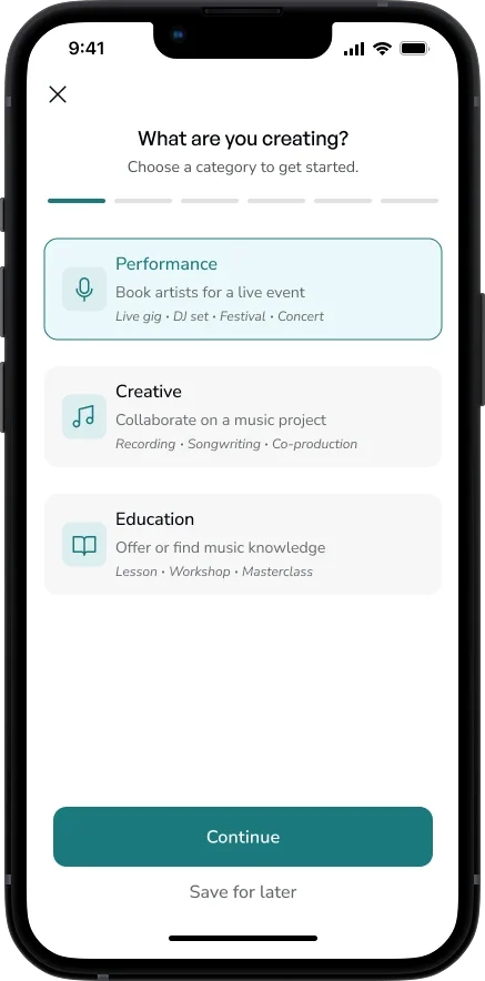 boogi create flow asking what are you creating with Performance, Creative, and Education options