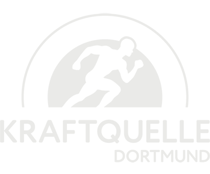 Logo mit einem laufenden Mann und dem Text "KRAFTQUELLE DORTMUND" auf schwarzem Hintergrund.