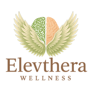 Logo with a fruit and brain graphic, wings, and the text "Elythera Wellness".