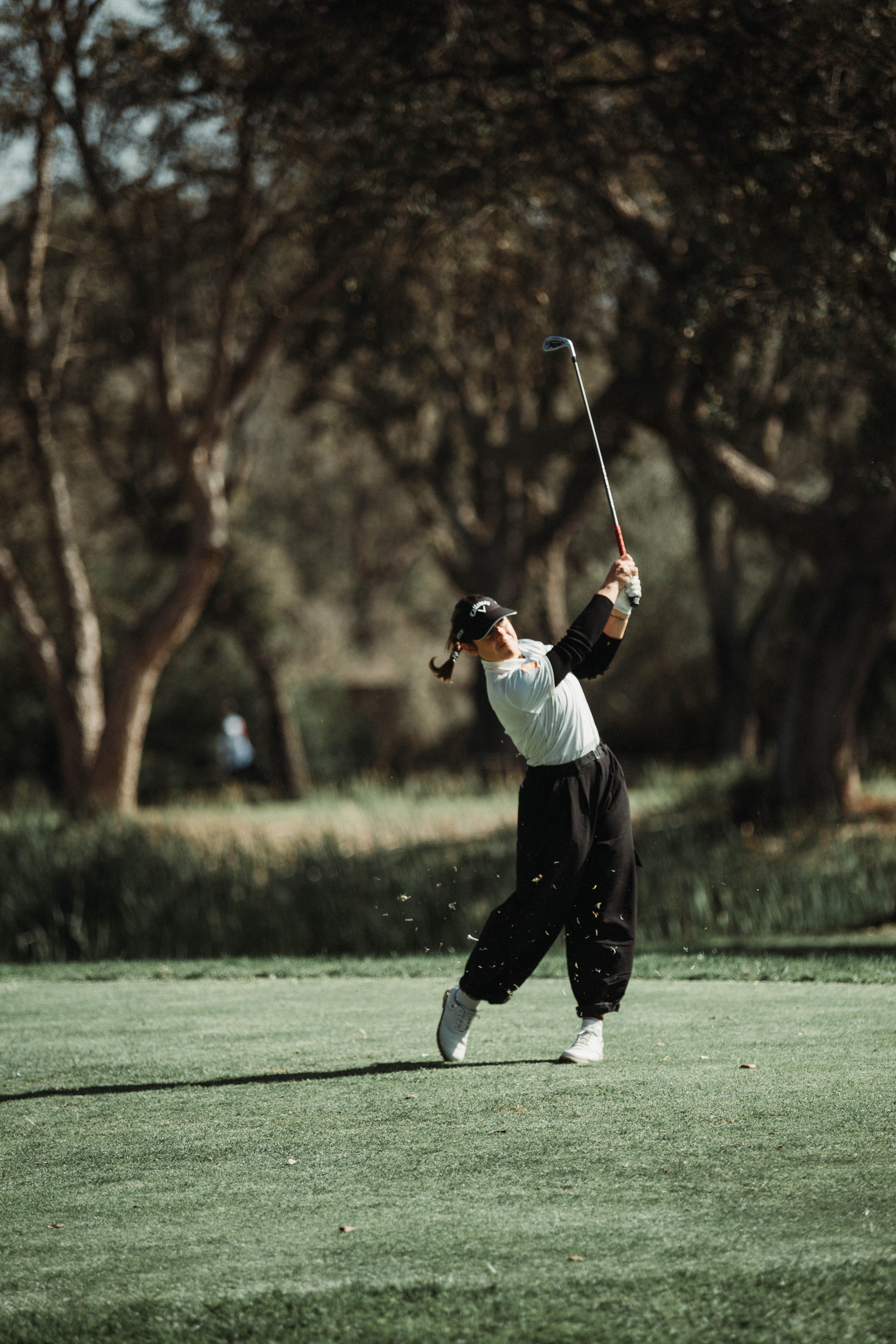 Persona jugando golf en el campo con árboles de fondo.