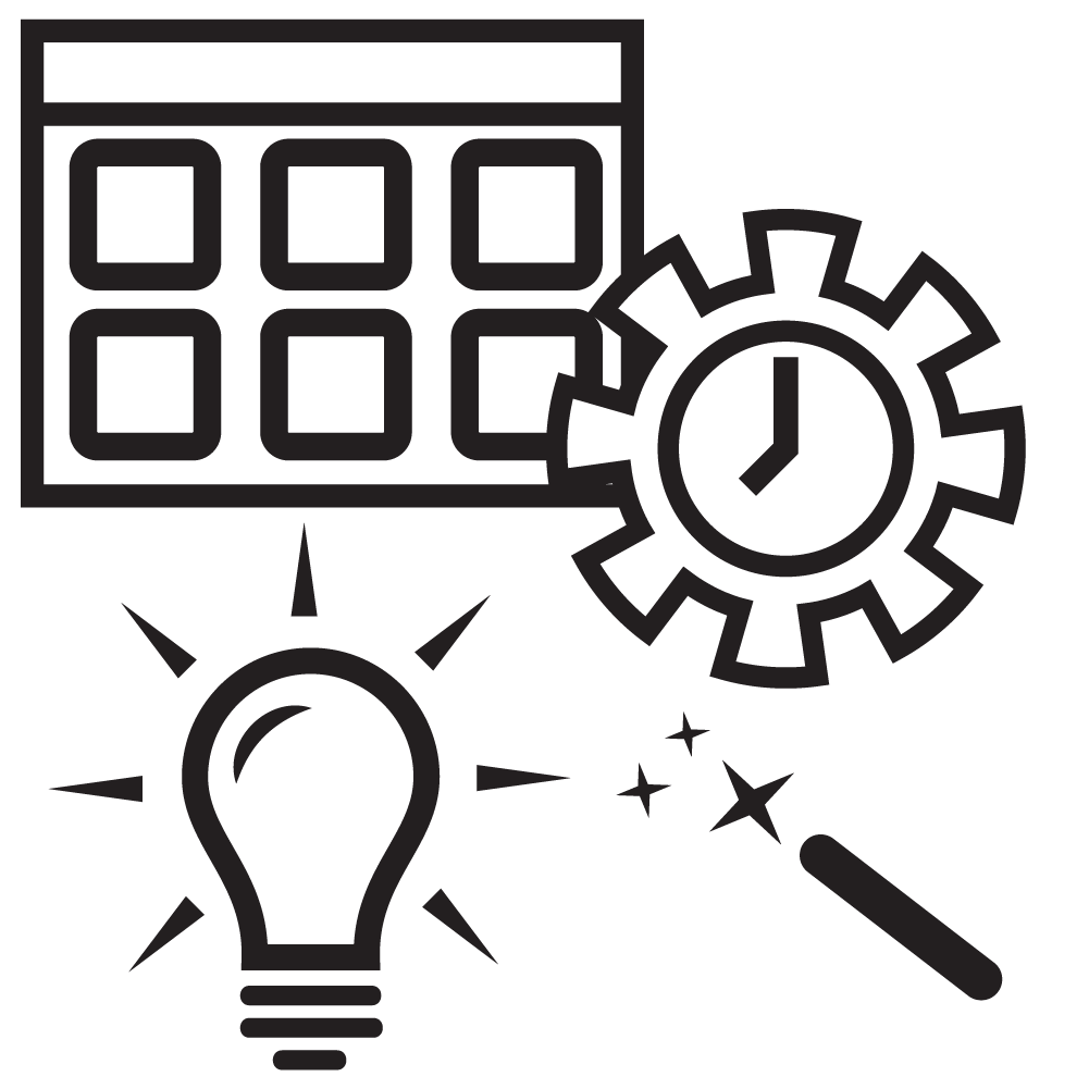 Icon of a calendar, gear with a clock, light bulb, and a magnifying glass with sparkles.