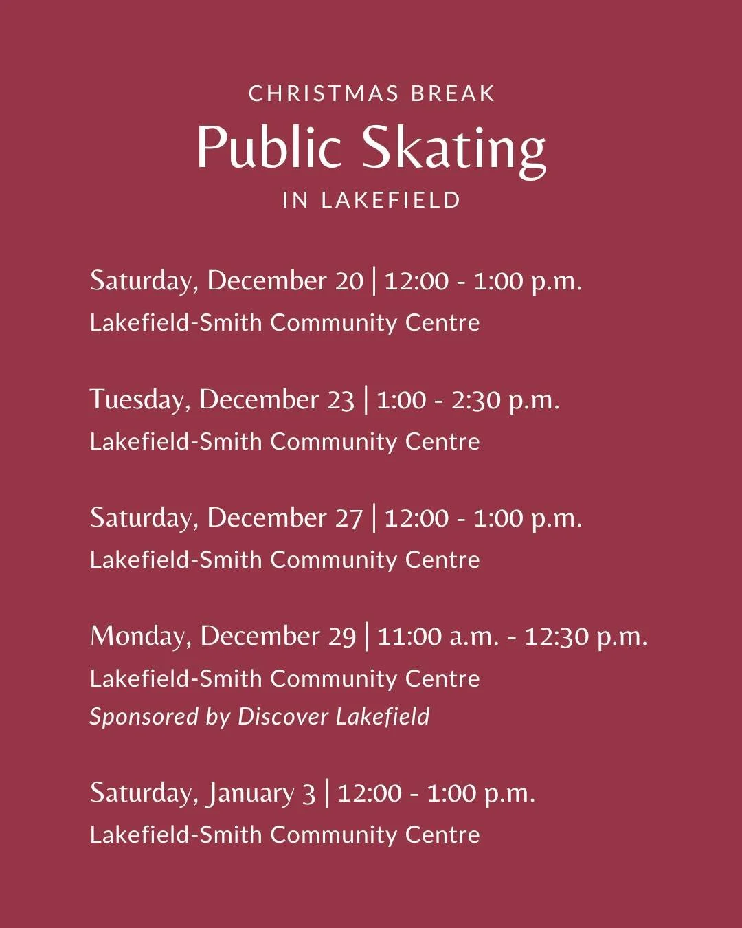 Looking for things to do with the kids over Christmas break? ⛸️

There are several public skating dates over the holidays at the Lakefield-Smith Community Centre, with free admission thanks to local sponsors! Save this post for future reference. 

Vi