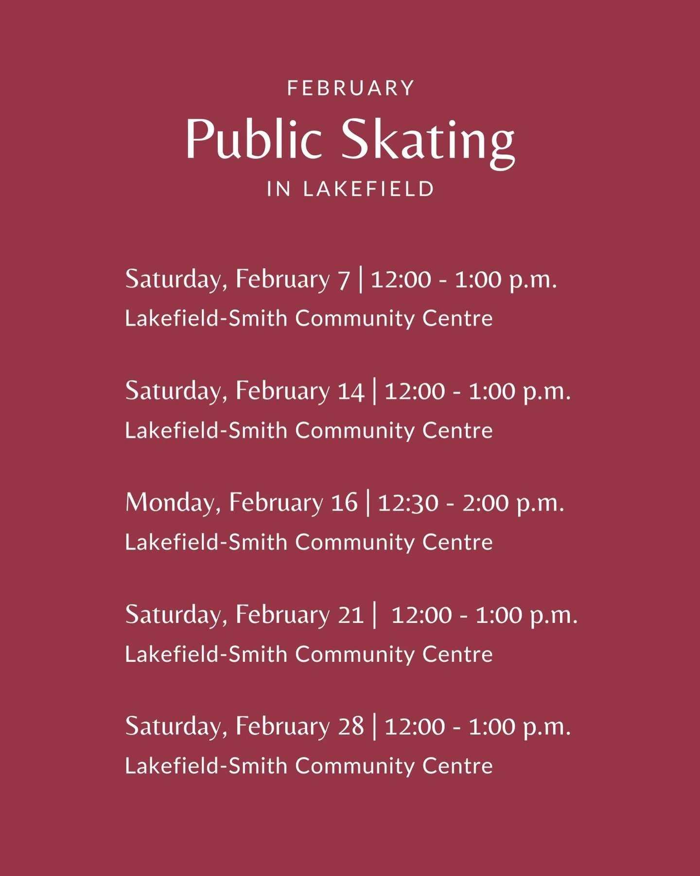 Stay active this winter with Public Skating at the Lakefield-Smith Community Centre. ⛸️ 

Here are the Public Skating dates in the Lakefield this month, including a special session on Family Day, Monday, Feb. 16. 

Public Skating is often free, thank