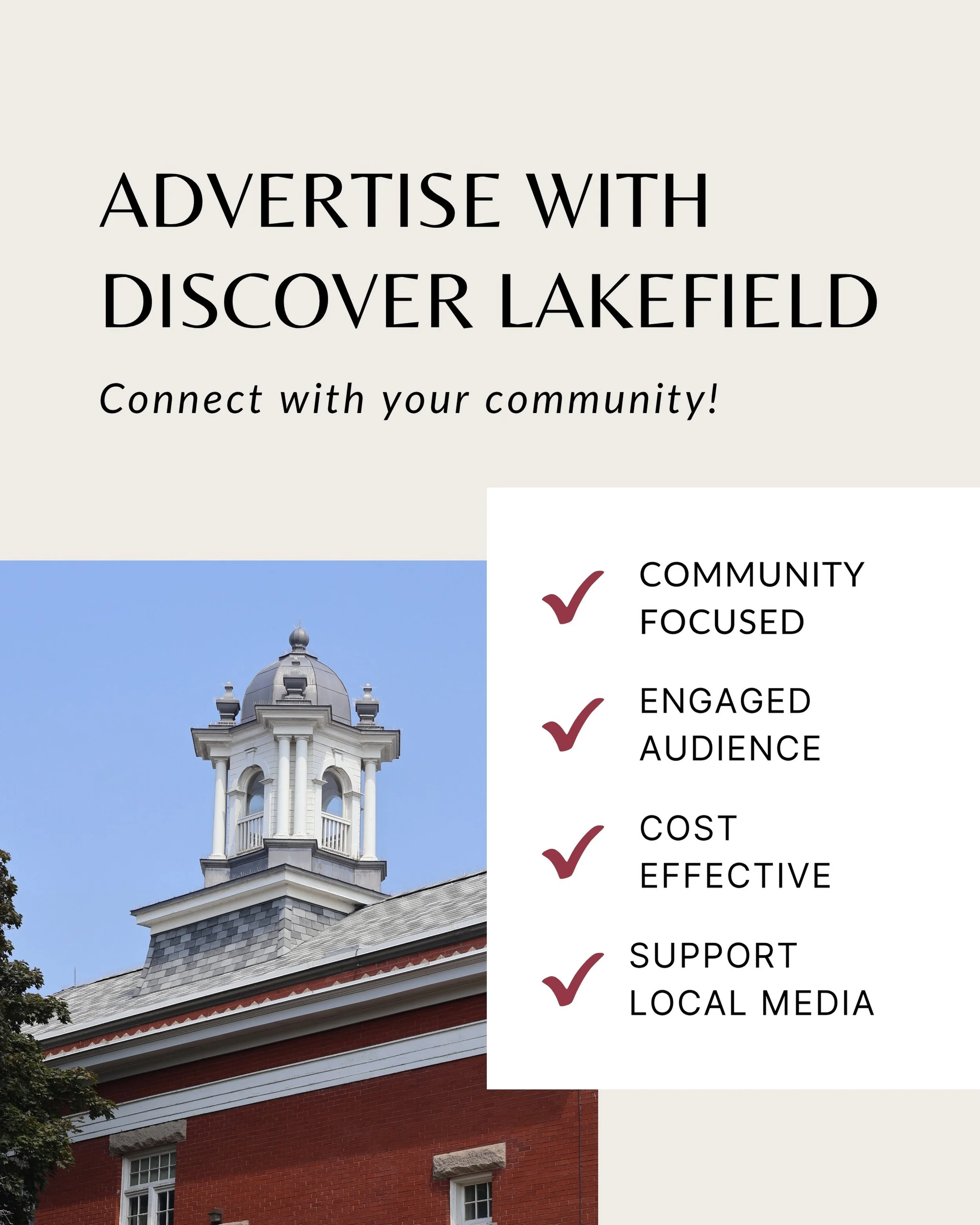 With a growing and engaged audience, Discover Lakefield offers meaningful, effective, and affordable opportunities for local businesses to connect with their community in a positive and authentic way. 

Why advertise with Discover Lakefield?

&bull; 