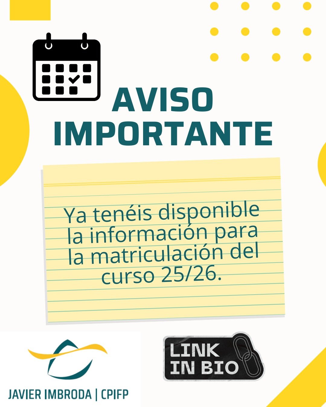 📢 &iexcl;Ya est&aacute; disponible toda la informaci&oacute;n sobre la matr&iacute;cula para el curso 2025/2026! 🎓

&iexcl;No pierdas tu oportunidad y prep&aacute;rate para tu futuro!
M&aacute;s info en el link en bio 🔗

#Matriculaci&oacute;n2025 