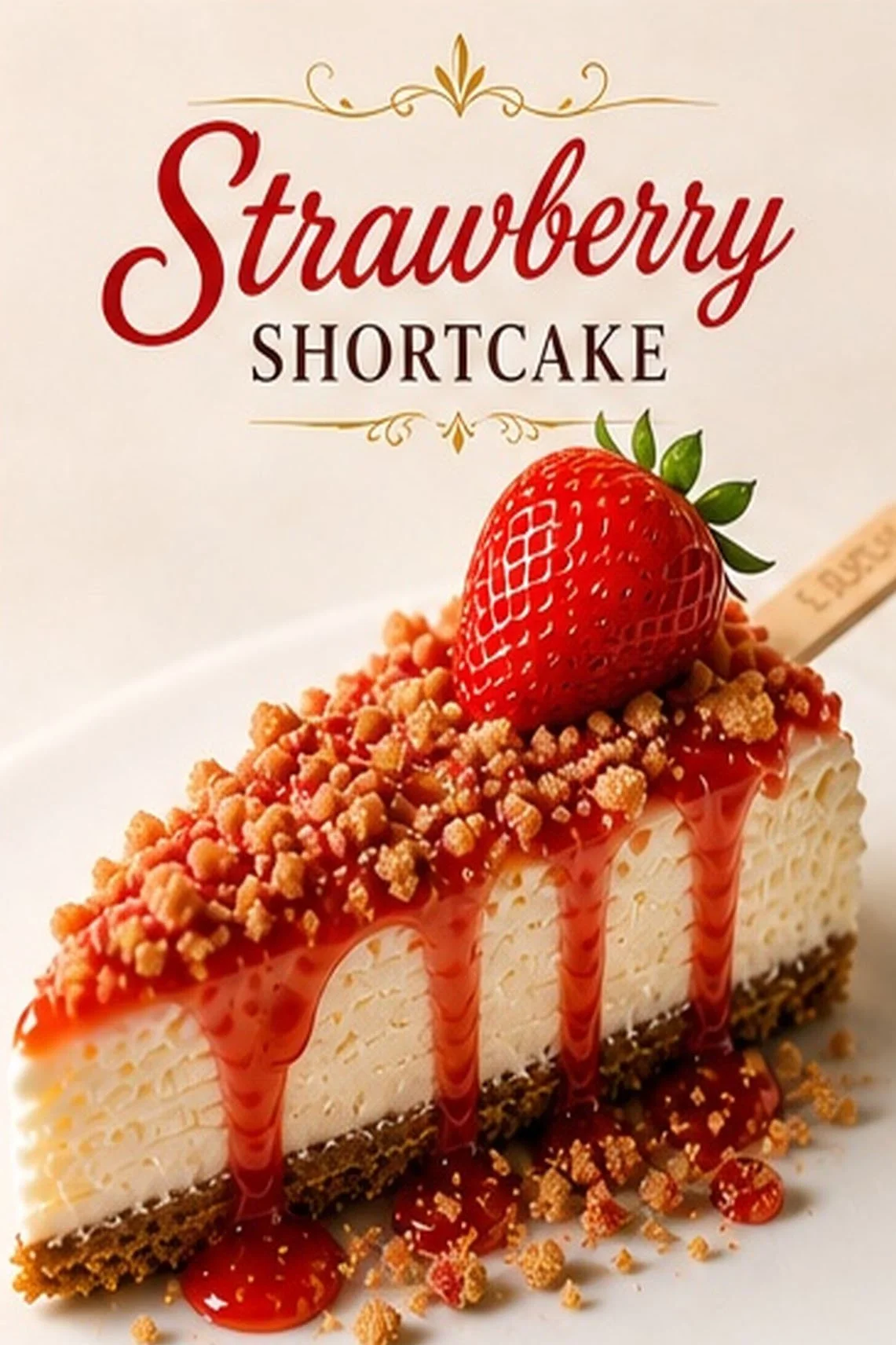 A slice of strawberry shortcake with a crumbly crust, white cream filling, strawberry topping, and a fresh strawberry on top.