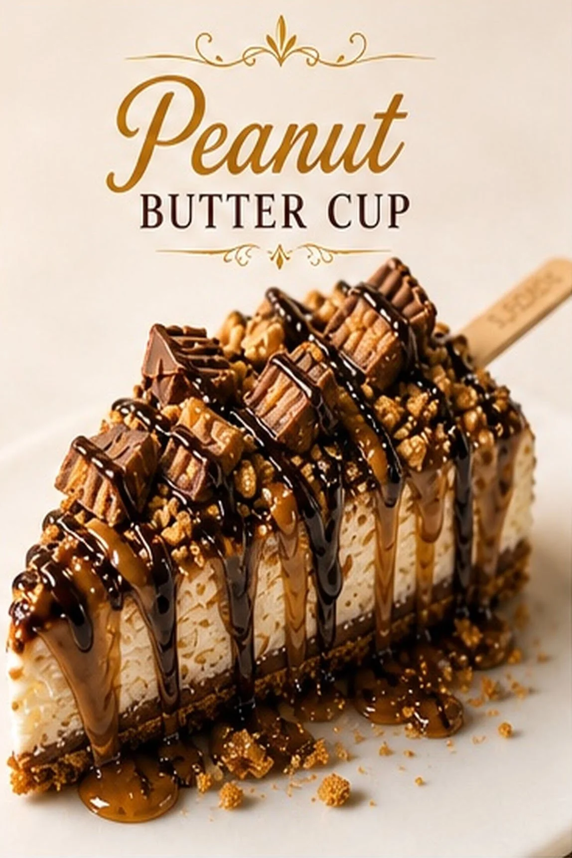 Close-up of a peanut butter ice cream bar topped with chocolate chunks, chopped nuts, and drizzled with chocolate and caramel sauces, with a wooden stick in the background.