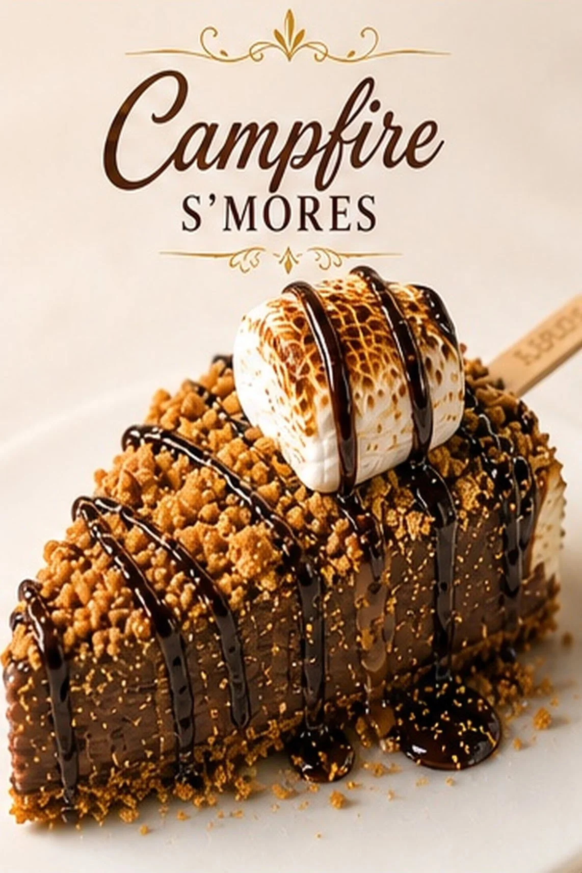 A s'mores-flavored ice cream bar coated in crushed graham crackers, drizzled with chocolate, topped with a toasted marshmallow and chocolate syrup, displayed against a white background with "Campfire S'mores" written above.