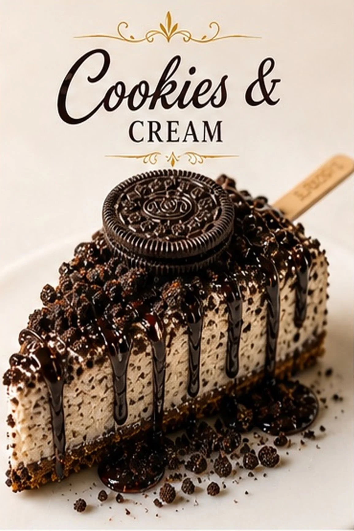 A dessert featuring cookies and cream flavor in a layered bar with chocolate drizzle, topped with an Oreo cookie and a vanilla stick, surrounded by chocolate crumbles.