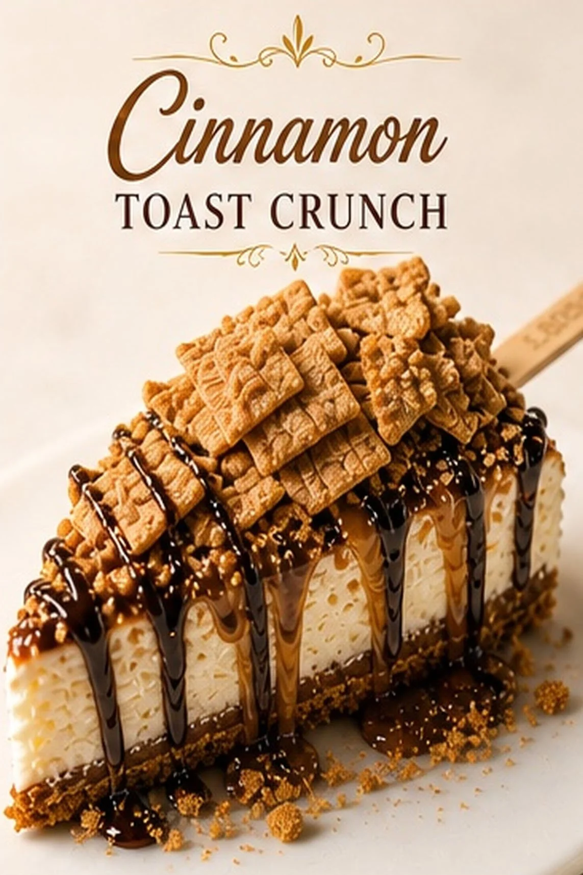 A dessert bar with a vanilla ice cream base, topped with chocolate drizzle, crushed cookies, and cereal squares.