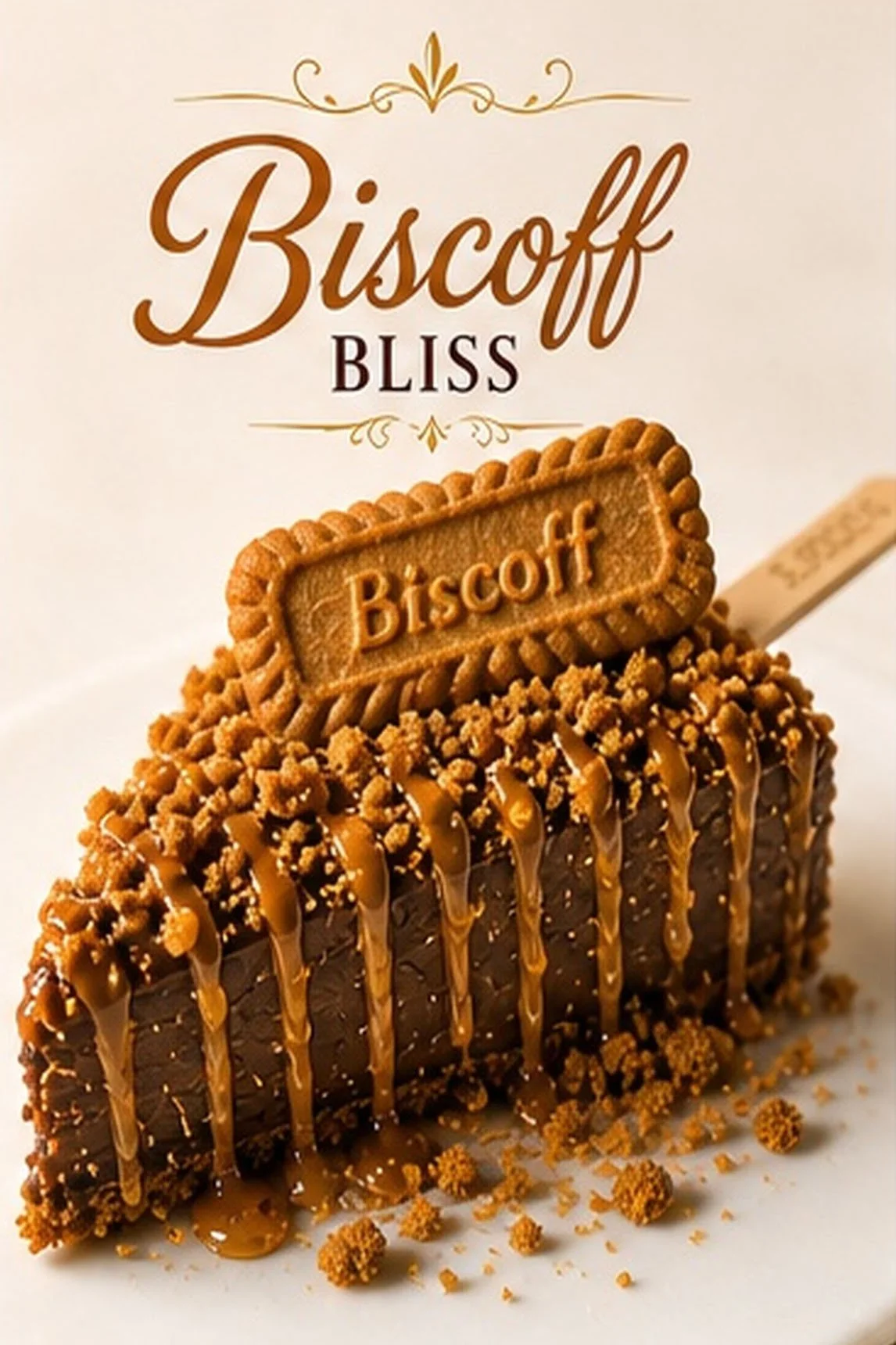 Chocolate dessert with caramel drizzle, crumbled topping, and a Biscoff cookie on top, decorated with a stick and a Biscoff logo.