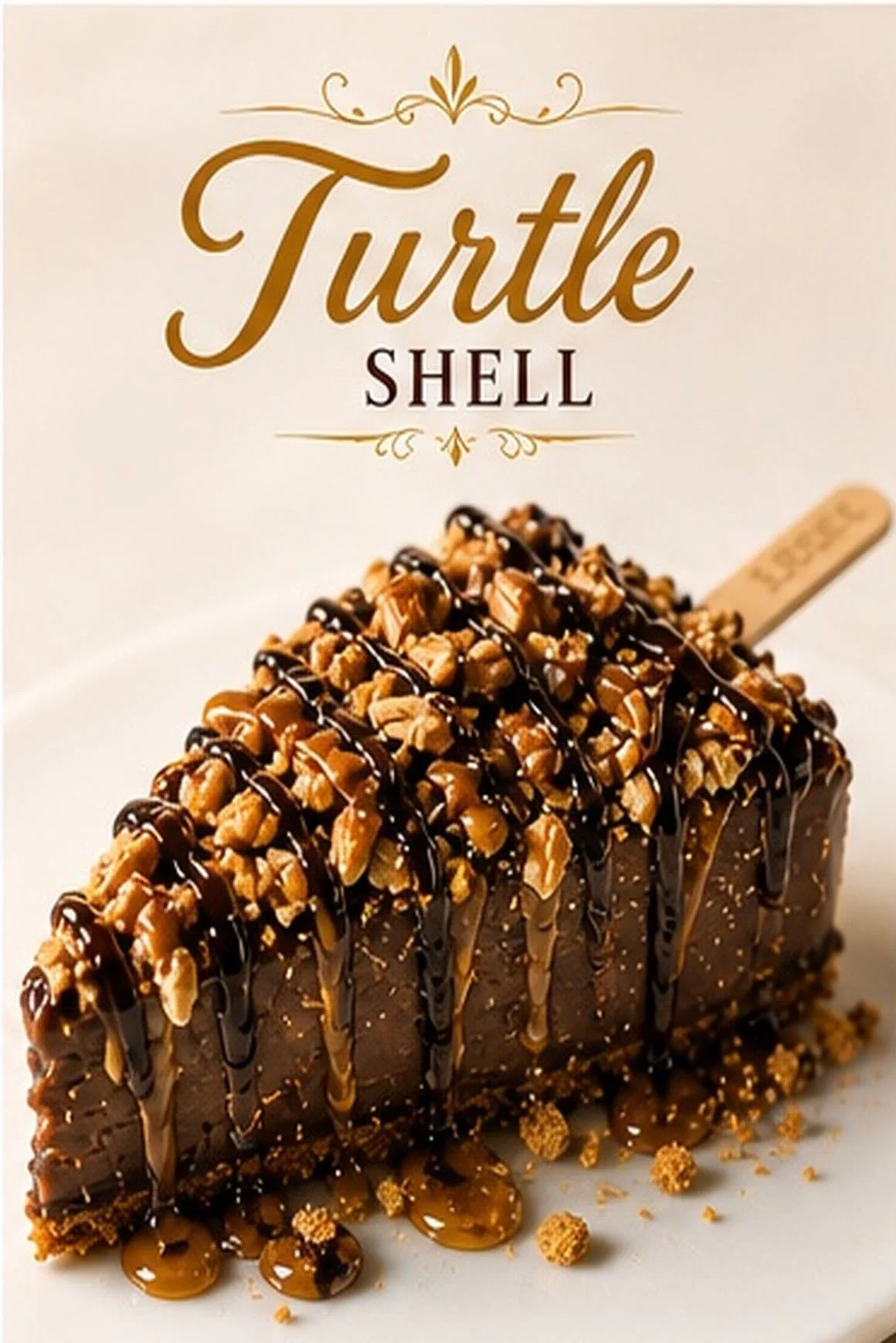 Chocolate dessert topped with chopped nuts and drizzled with chocolate and caramel sauces.