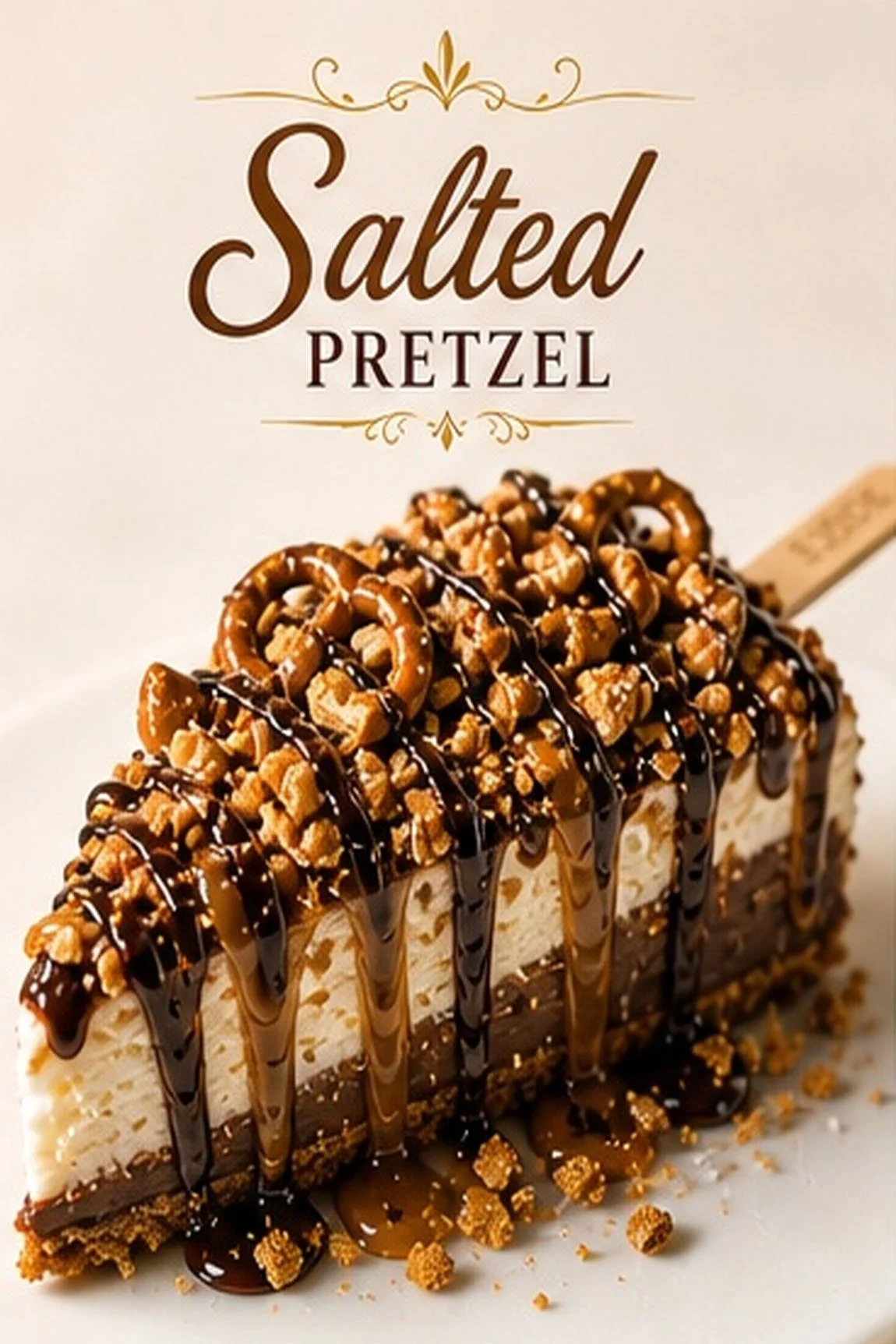 A salted pretzel dessert bar with chopped pretzels on top, drizzled with chocolate and caramel sauce.