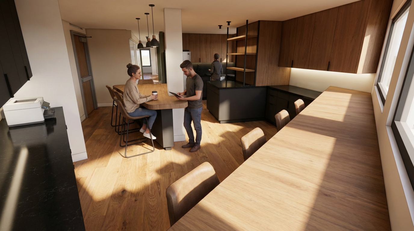 Modern kitchen with wooden cabinets, black countertops, and a large wooden dining table. Two people are at the island counter, one holding a tablet and the other with a coffee cup. A third person is in the background near the sink, and natural light streams in from a large window.