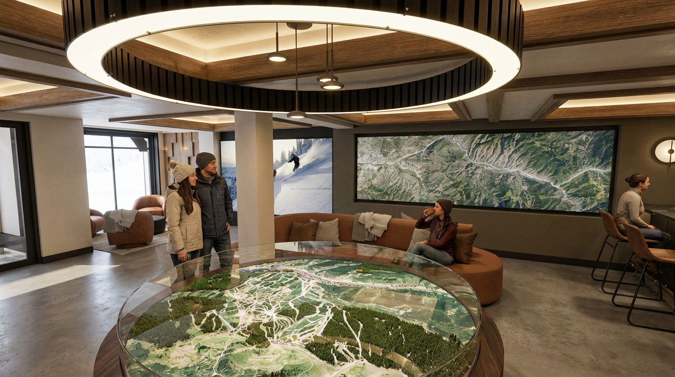 Interior of a ski resort welcome center with a large circular landscape model table, people talking and sitting, and large screen displays of mountain ski slopes.