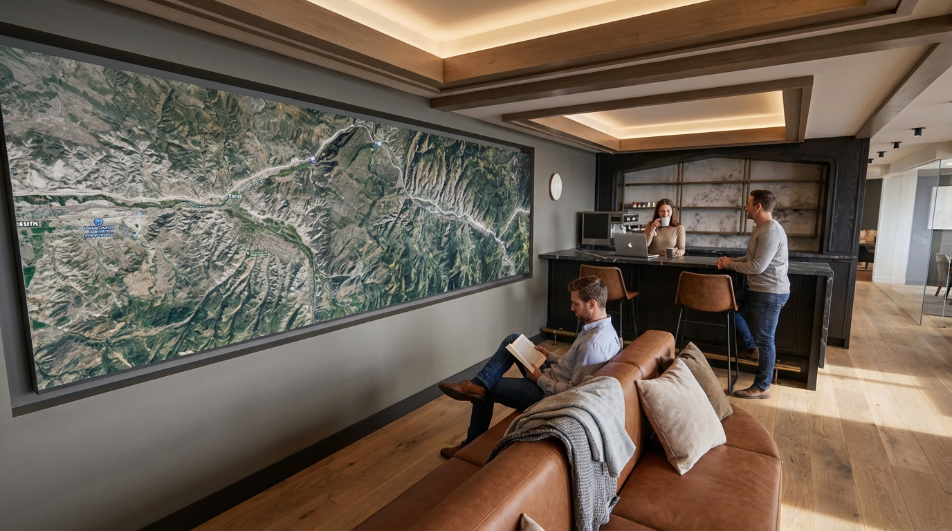 Three people in a modern office space with a large map on the wall. One man is sitting on a brown leather couch reading a book, while two women are behind a black bar counter, one working on a laptop and the other talking.